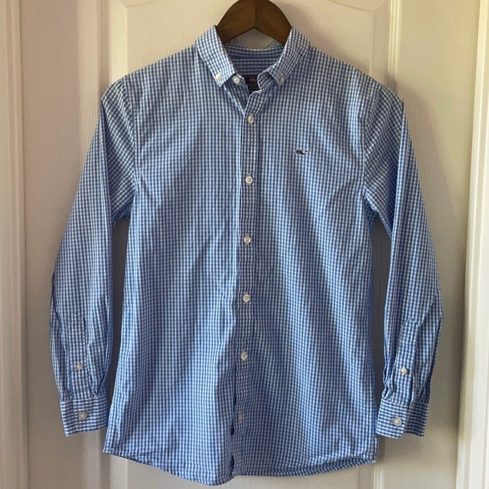 Boys Vineyard Vines Blue and White Gingham Collared Shirt 12-14